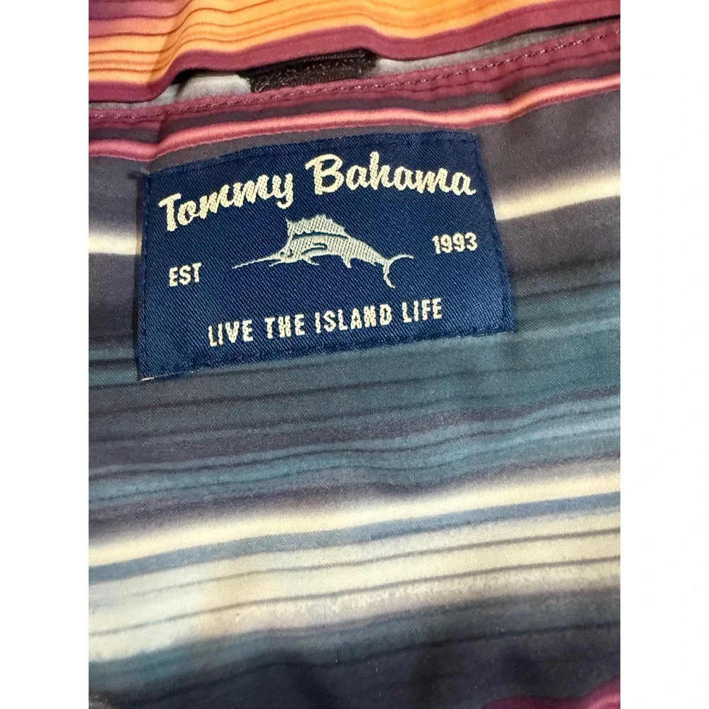 Tommy Bahama Mens Navy Blue Sunset Stripe‎ Swim Trunks Board Shorts Size Medium